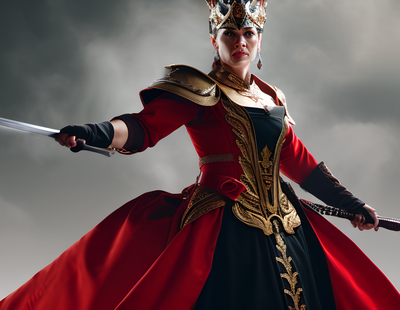Older Woman, Valkyrie, Baroque dress, high detailed, velvet red background, 4k, high resolution, sword fight